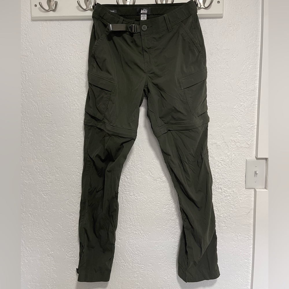 REI HIKING PANTS. SIZE 4. WATERPROOF, REMOVABLE BOTTOMS, POCKETS, ARMY GREEN.